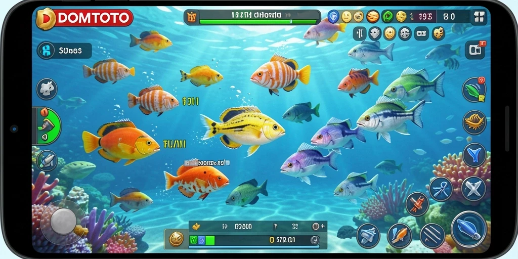 Screenshot utama DOMTOTO menampilkan aksi seru menembak ikan.